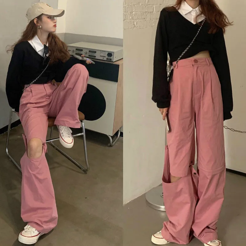 Sweet Women's Wide Leg Pants Preppy Style Retro High Waist Casual Pants Slim Cargo Trousers Women's Porous Pink Pants for Women