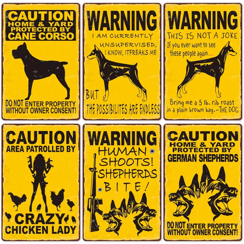 Warning Dog Metal Tin Signs Vintage Poster Beware of Dog Retro Tin Plates Wall Stickers for Garden Family House Door Decoration