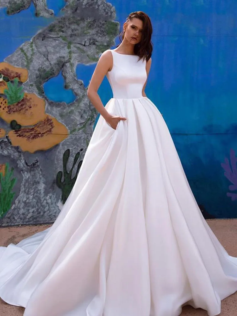 Robe de mariée longue en Satin avec poches, épaules dénudées, dos nu, style Boho, Vintage, grande taille