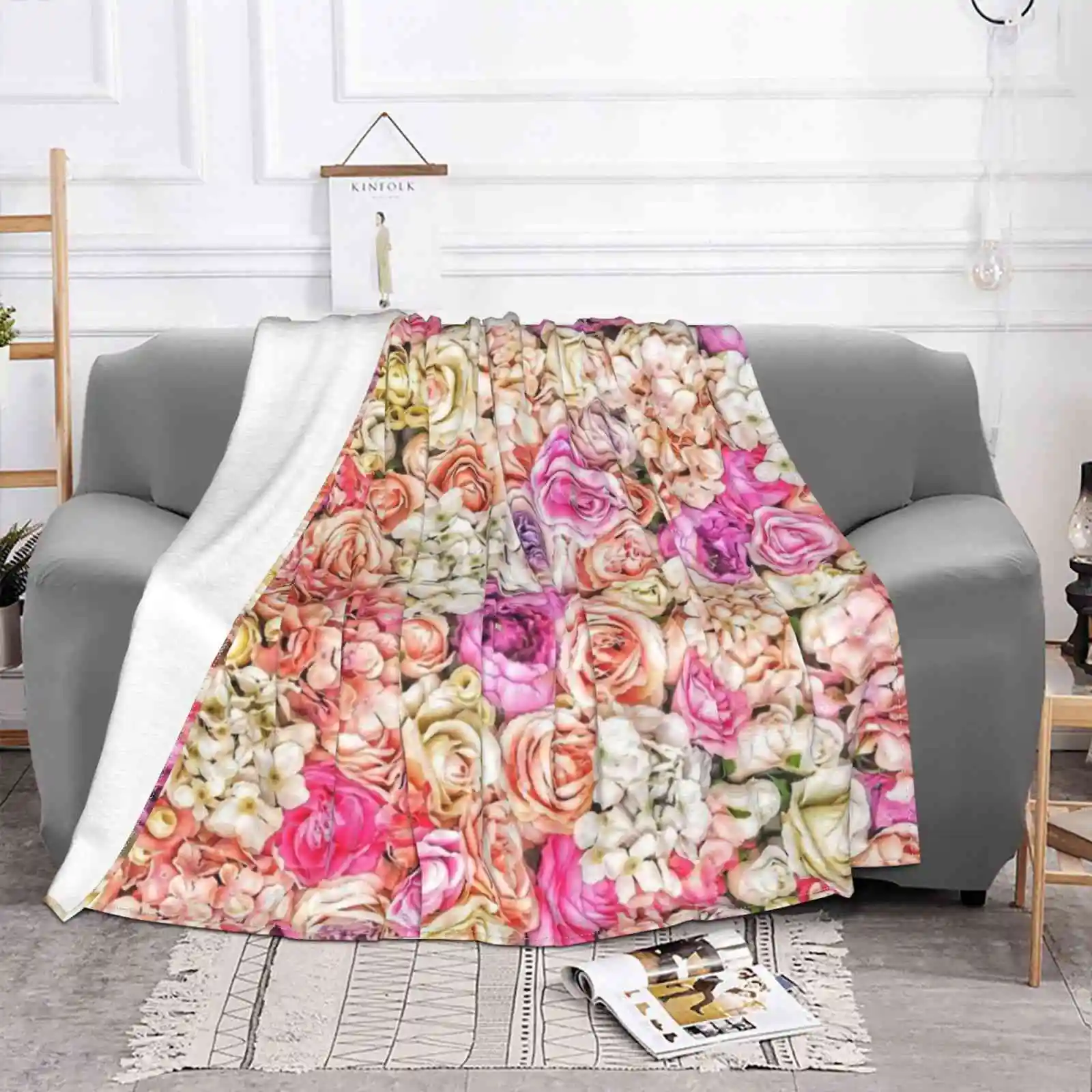 Floral Design Rose Pattern Latest Super Soft Warm Light Thin Blanket Floral Flower Allovera Dark Blue Roses Vintage Beige