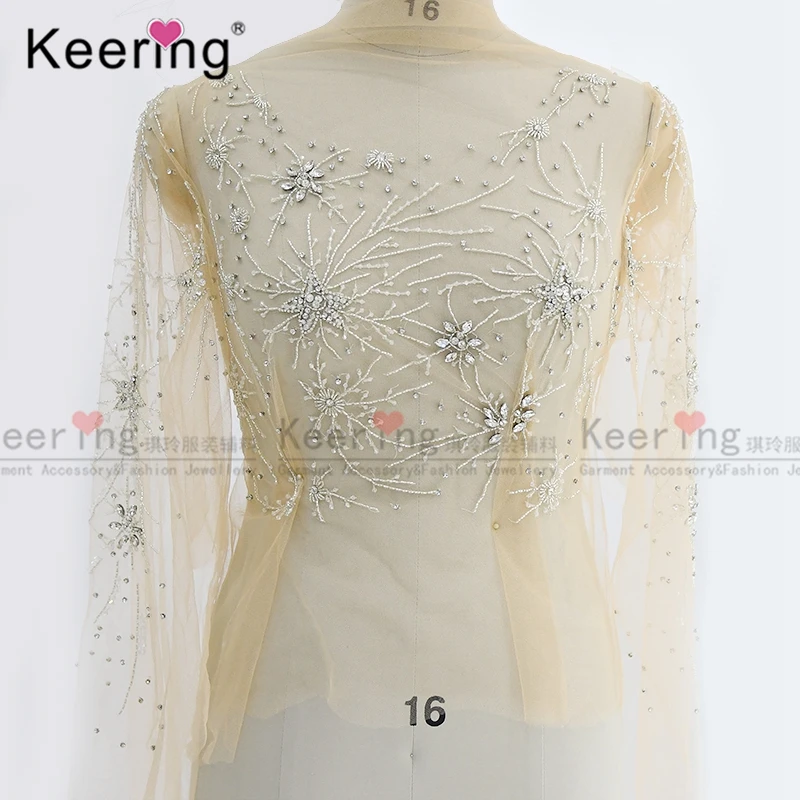 

Hand-made Silver Rhinestone Bodice Applique, Dress Patch for Wedding Dress, Front and Sleeves, WDP-211