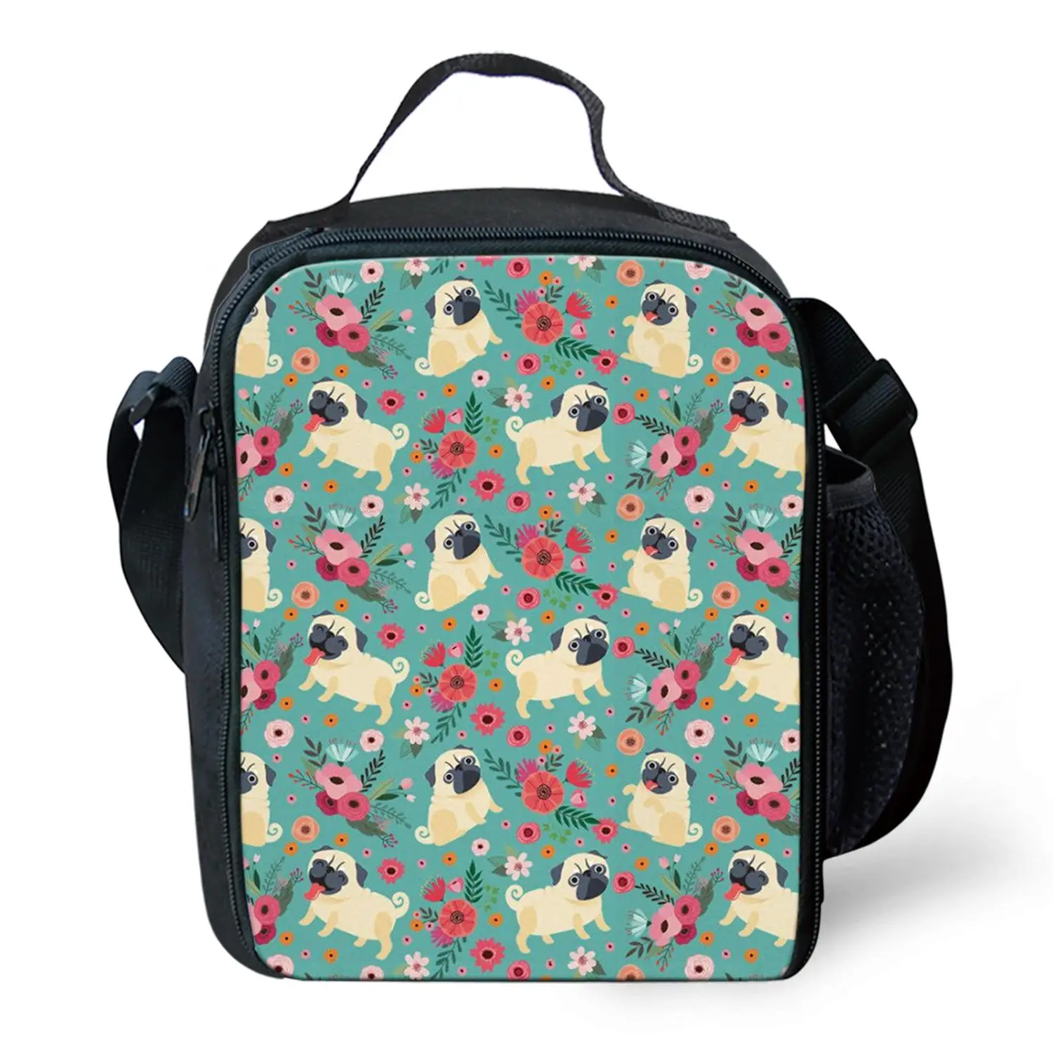 Animal Cute Pug Dog Print Lunch Bags For Women Adult Flower Bull Dogs Lunchbox For School Insulated Thermal Small Tote Food Bag