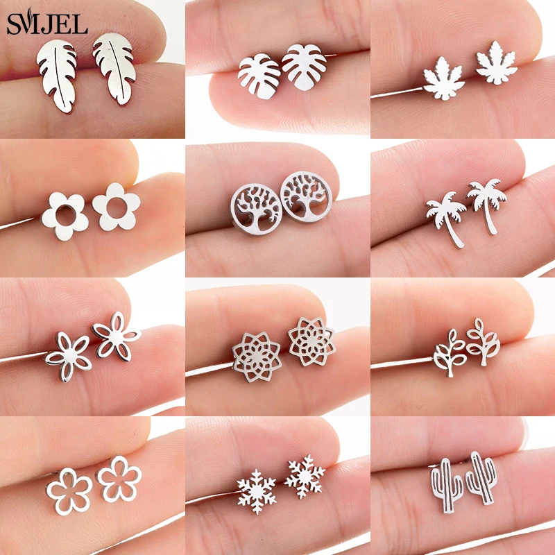 Small Stainless Steel Earings Fashion Jewelry Bohemian Flower Stud Earrings Plant Coconut Tree Leaves Ear Studs Pendientes Gift