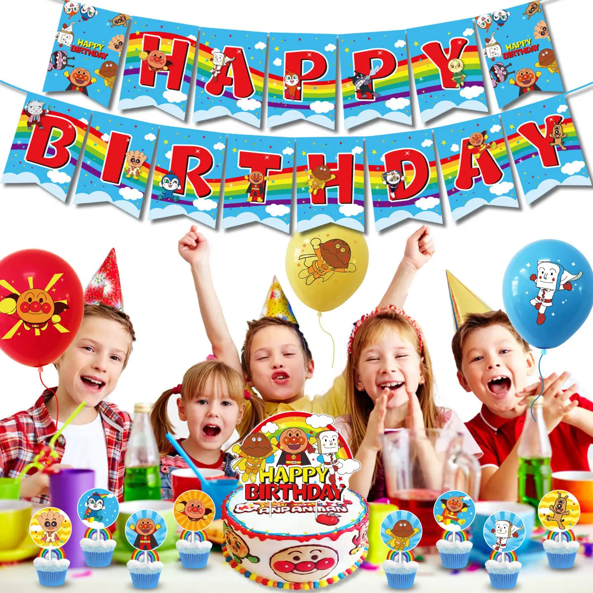 Anpanman Theme Balloons Party Supplies Cartoon Superhero Pig Birthday Banner Latex Balloon Decoration Cake Topper Kids Toys