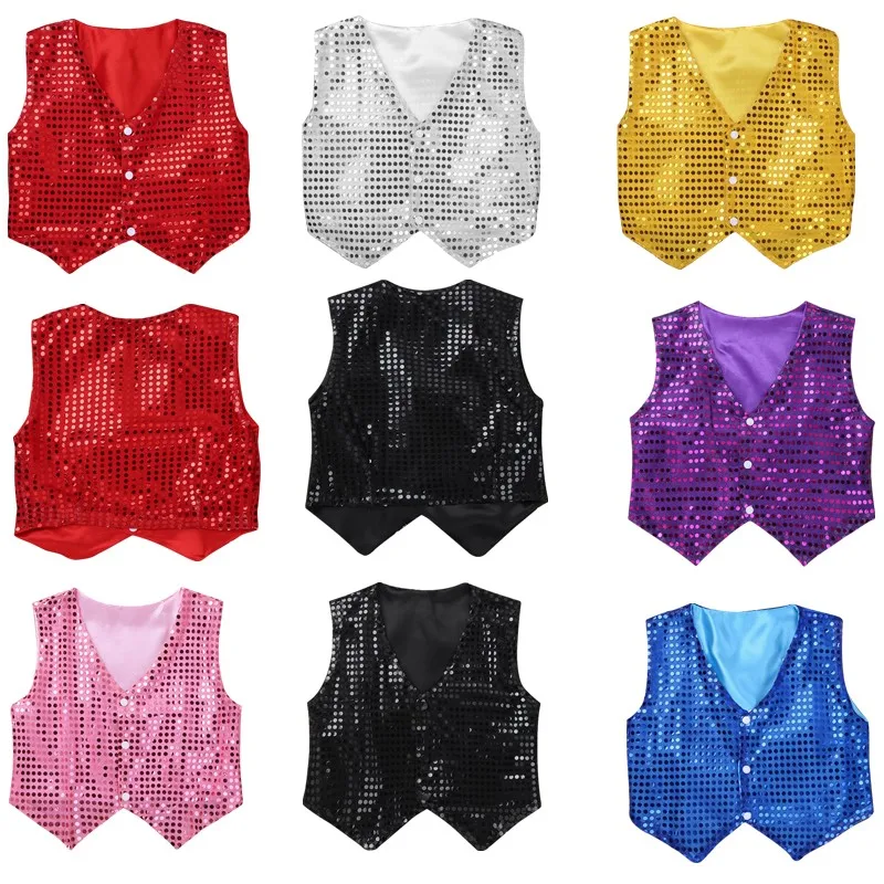 Kids Boys Hip-hop Jazz Dance Costume Glittery Sequined Vest Waistcoat Children Choir Stage Performance Carnival Party Clothes