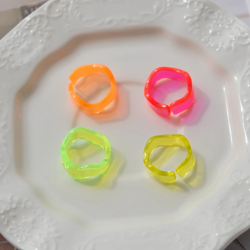 Fluorescent Color Geometric Resin Rings Pink Orange Yellow Green Y2k Ins Style Cool Fashion Sweet Girl Ring Stackable Jewelry