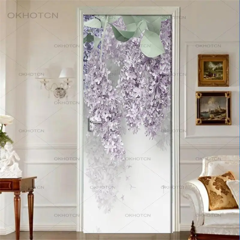 Wallpaper 3D Door Stickers Wisteria Flower PVC Self-adhesive Waterproof Detachable Mural Art Decal Creative Home Design Poster