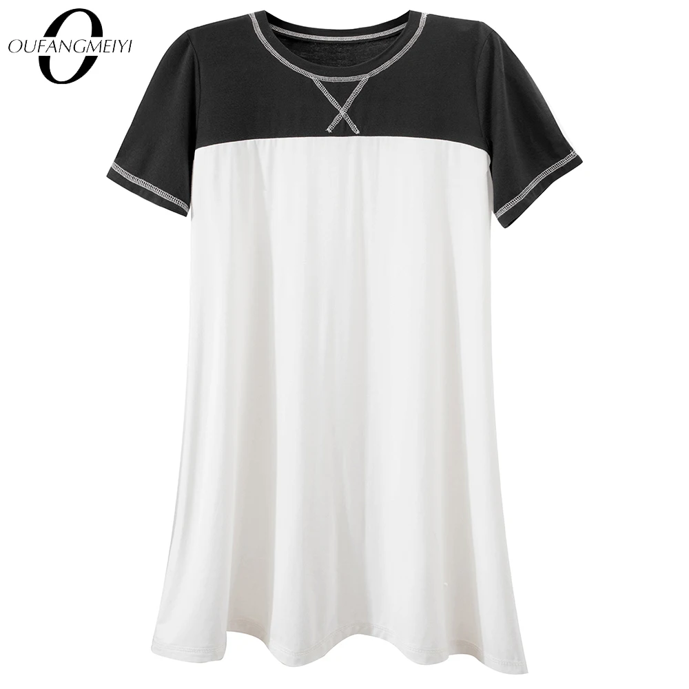 Women Casual Round Neck Patchwork Short Sleeve T Shirt Sun Stylish Brief Soft Daily Tees 1ET049