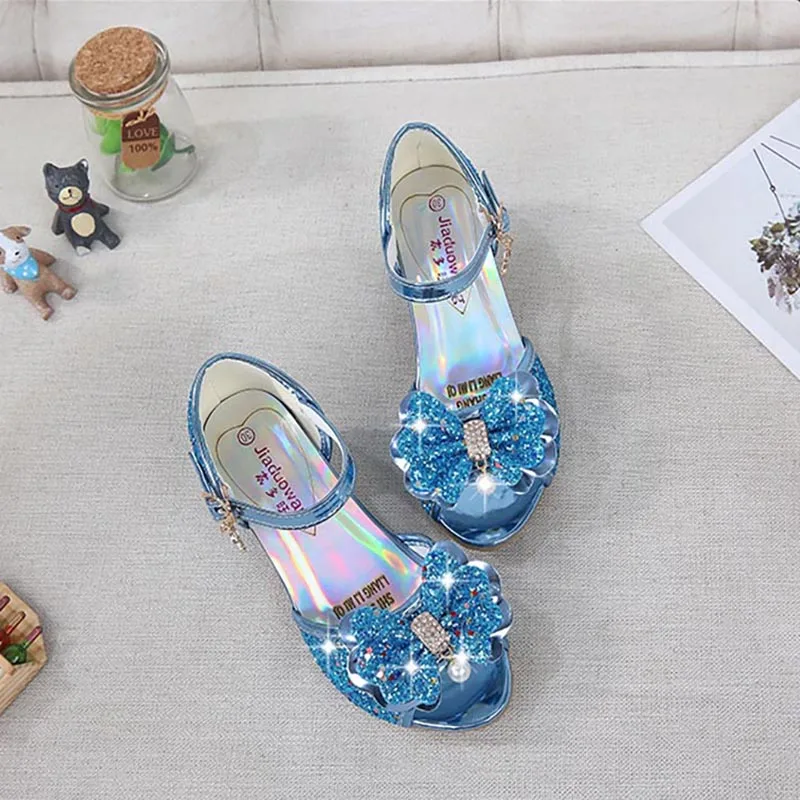 Girls Sandals Rhinestone Butterfly Latin Dance Kids Shoes Children High Heel Princess Shoes Glitter Leather Party Dress Wedding