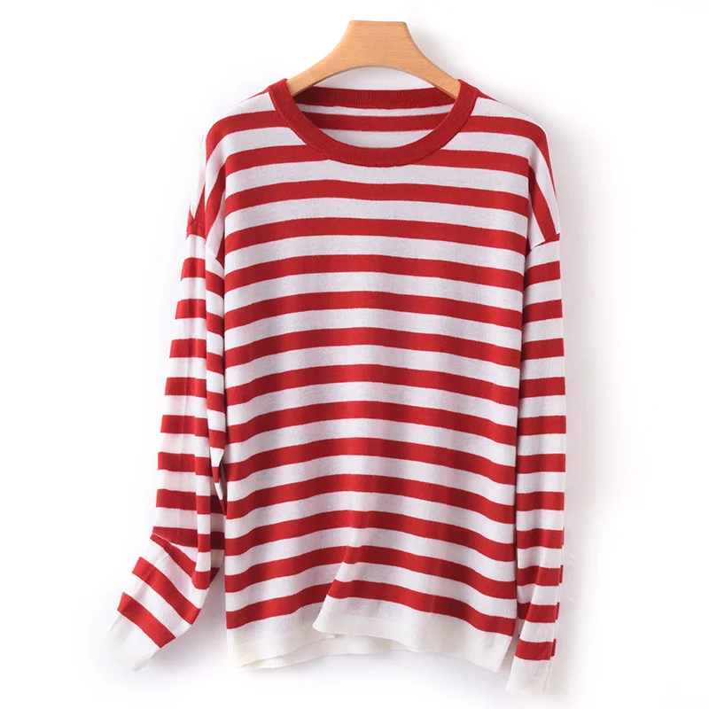 Spring Autumn Women O-Neck Warm Pullover 100% Worsted Wool Large Size Knit Sweater Lady Soft Comfort Cashmere Striped Thin Shirt