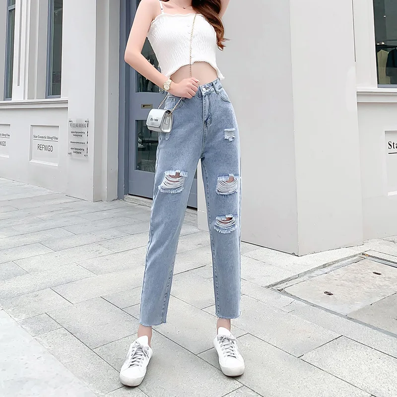 

CGC 2021 Streetwear Hole Woman's Jeans Casual Korean Style Straight Slim High Waist Jeans Female Cotton Denim Pants Women