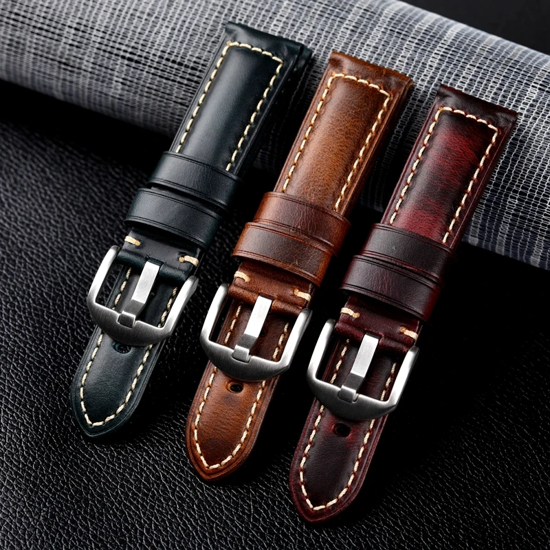 Handmade Leather Watchband 20 22 24MM Oily Cowhide Vintage Style, Brown Men Thick Model Suitable For PAM111 441