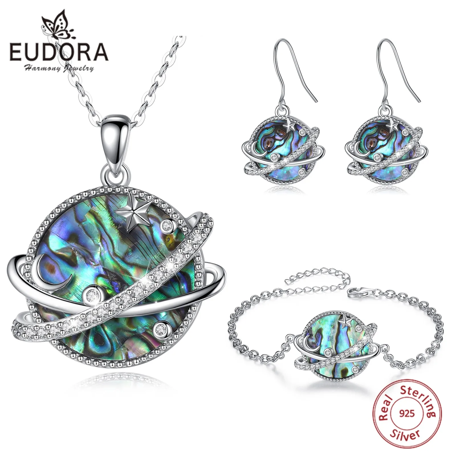 EUDORA 925 Sterling Silver space planet Pattern Zircon Adjustable Necklace Bracelet Earrings universe Jewelry Set For Women Gift