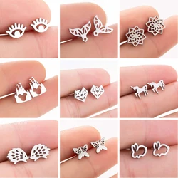 SMJEL Stainless Steel Cute Unicorn Stud Earrings for Women Girls Minimalist Rabbit Castle Fox Butterfly Earings Jewelry