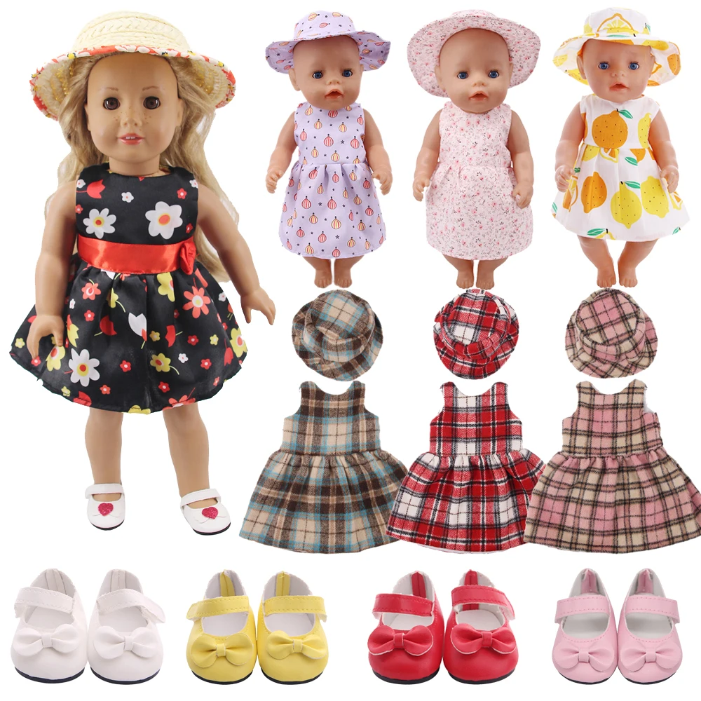 Doll Clothes Floral Skirt With Hat ,Checkered Thick Skirt,PU Shoes For 18Inch American,43Cm Reborn Baby Play Toy,Generation Gift