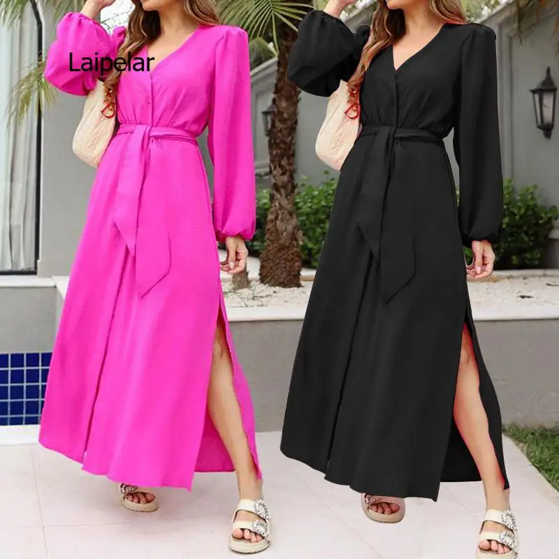 

Women's dress 2021 casual solid color V-neck long-sleeved split women's long skirt pink dress suit mid-length skirt