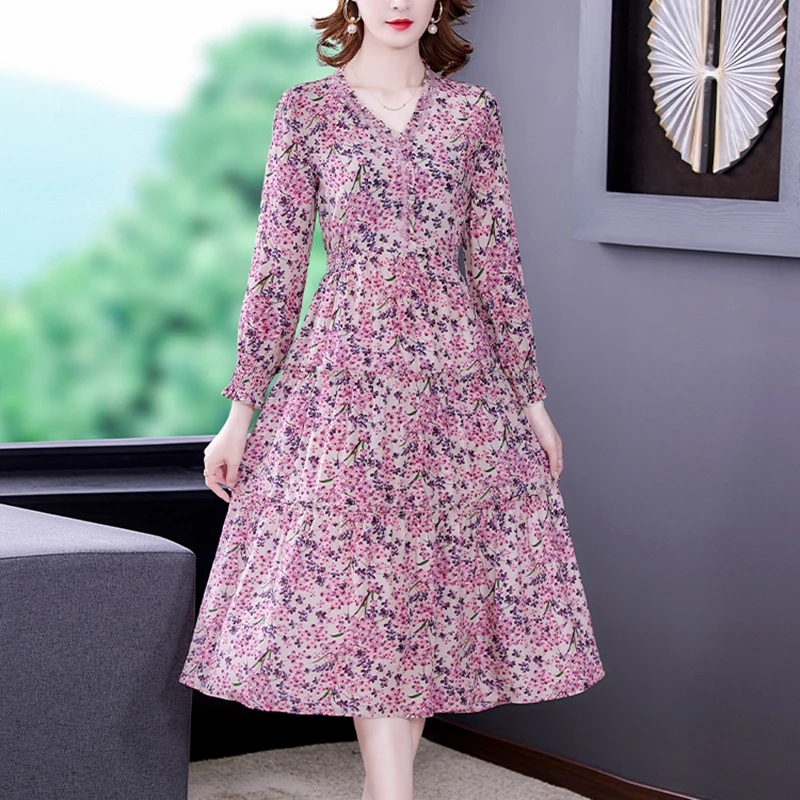 Frauen rosa Blumen natürliche Seide Midi Kleider Herbst koreanische Mode Chiffon Kleid 2024 Frühling neue elegante Bodycon Party Vestidos