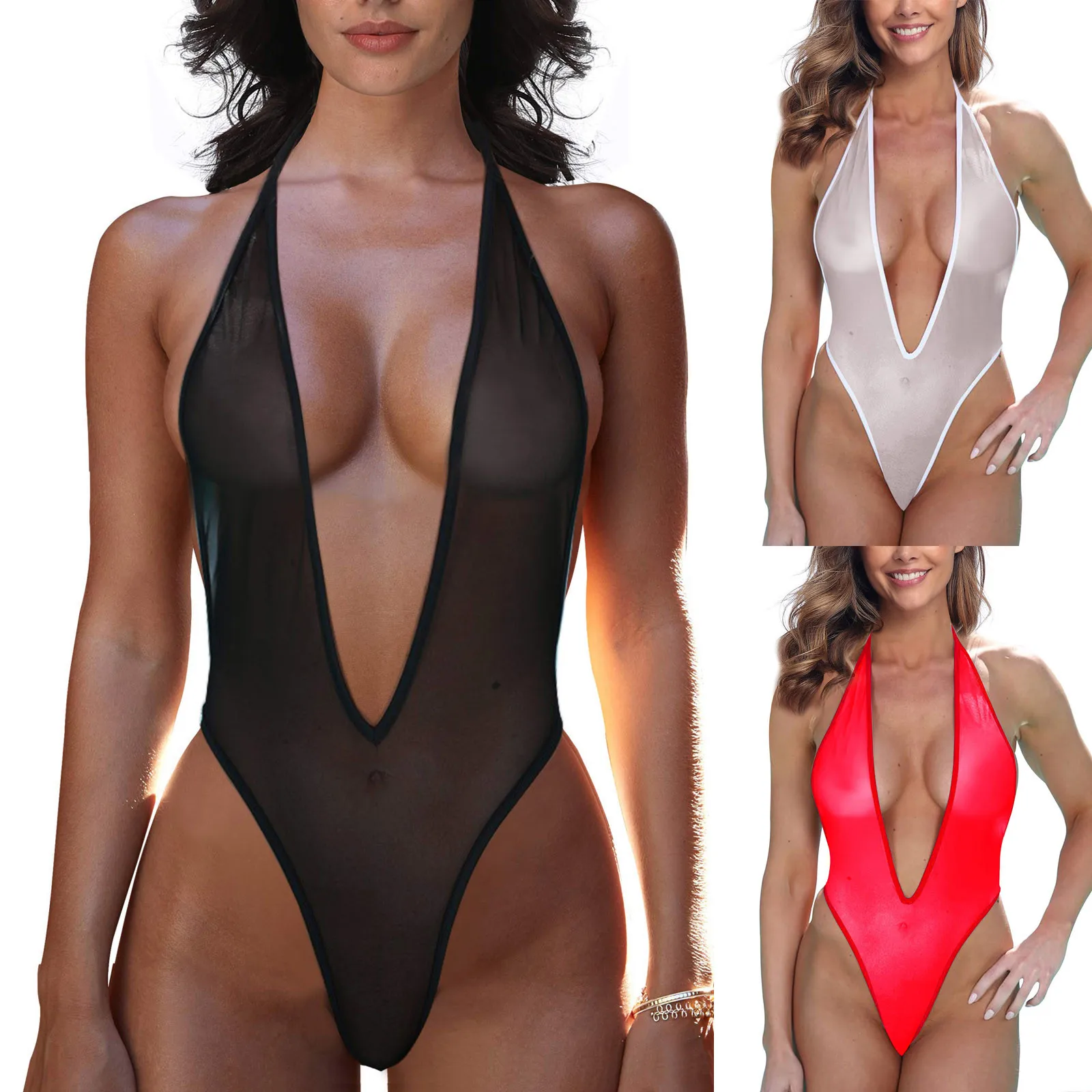 Perspective Micro One Piece Lingerie Deep V See Through Sexy Pajamas  Mesh Bra Top Side Tie G-String Thong Mini  Swim Underwear