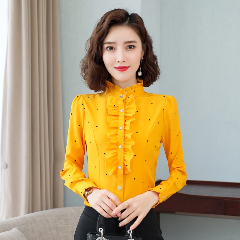 

5XL Elegant Women Dots Blouse Shirts Work Office Ladies Tops Casual Long Sleeve Ruffles Neck Party Shirts Large Size Women Tunic