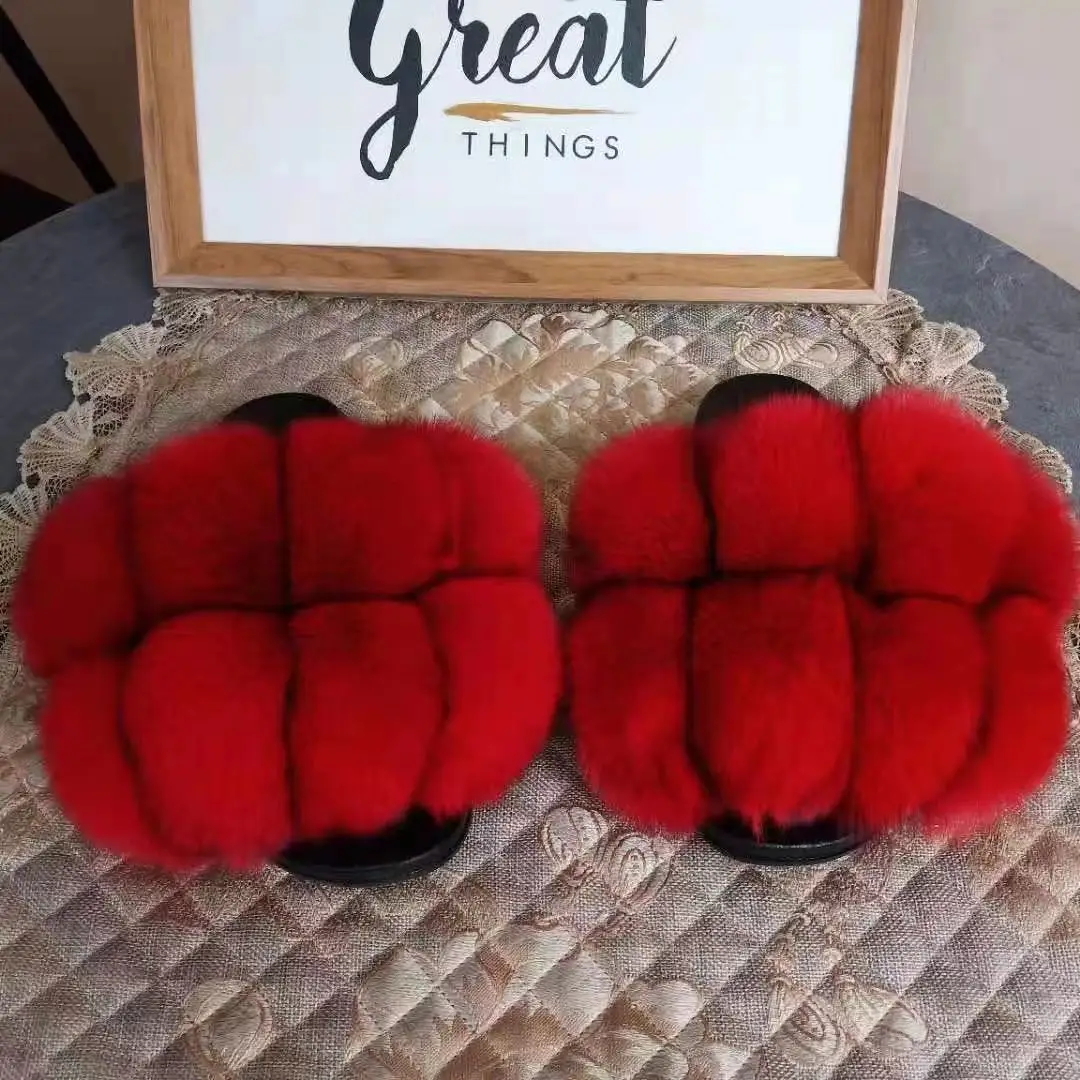 2024 Pom Pom Fur Slippers Women Fluffy Sliders Furry Sandals Real Rabbit Fur Slippers Fox Fur Slides Multicolor Customize