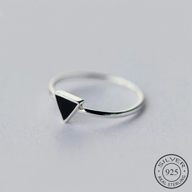 Anillo de Plata de Ley 925 para mujer, sortija ajustable de triángulo de esmalte negro geométrico, joyería fina minimalista para regalo de fiesta