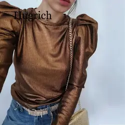 Gold Velvet Puff Long Sleeve Blouse Casual Shirt Women Spring O Neck Slim Fit Tops Fashion Streetwear Autumn Blouse