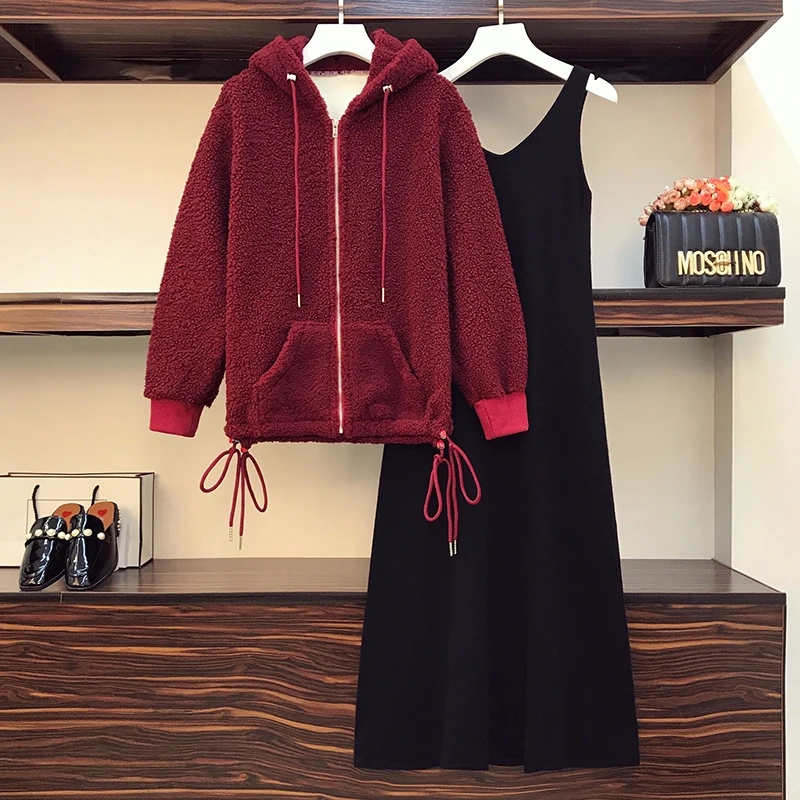 Winter Women Suit Large Tracksuit Hooded Lamb Wool Coat Top And Midi Knit Tank Dress Matching Outfit Plus Size 4XL Two Piece Set