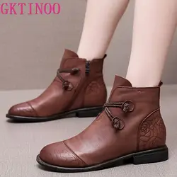 GKTINOO Autumn Winter Genuine Leather Flat Ankle Boots For Women Warm Boots Side Zipper Soft Comfortable Cow Leather Botas