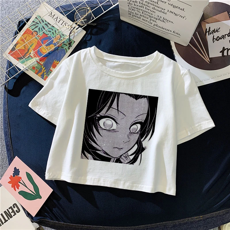 女性のための日本の半袖Tシャツ,2K,女性のクロップトップ,ゼブラ,鬼滅の刃,かわいい,アニメ,夏