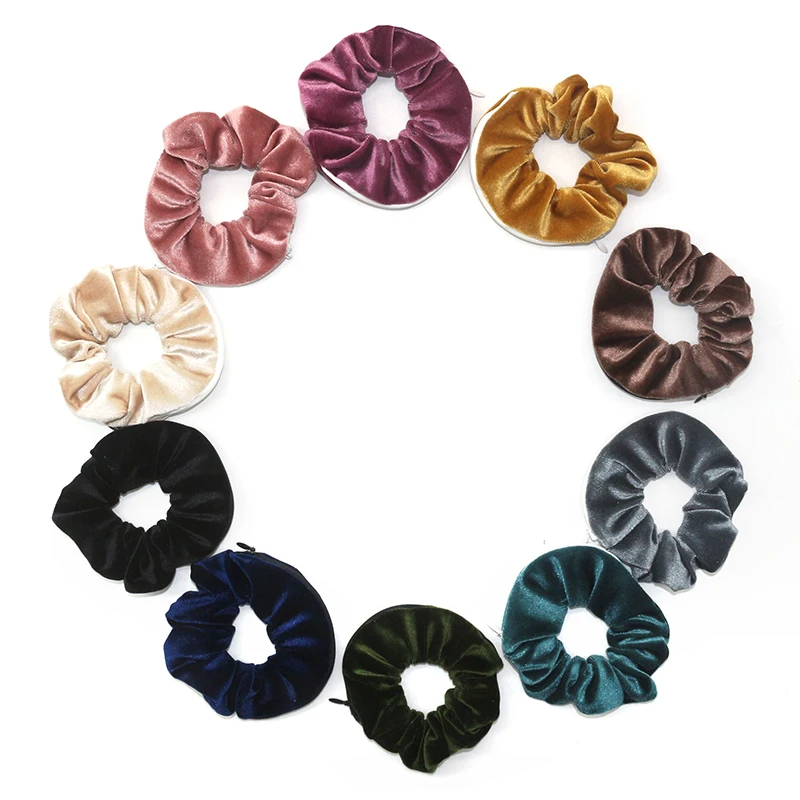 Fashion New Velvet Tencel Pocket wallet Hair Scrunchies Retro Zipper Large Intestine Elastic Hair Band Hair Accessories Satin