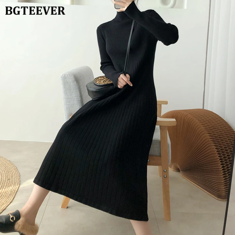 BGTEEVER Elegant Warm Half Turtleneck Ladies A-line Sweater Dress Full Sleeve Slim Waist Women Knitted Mid-Calf Vestidos Autumn