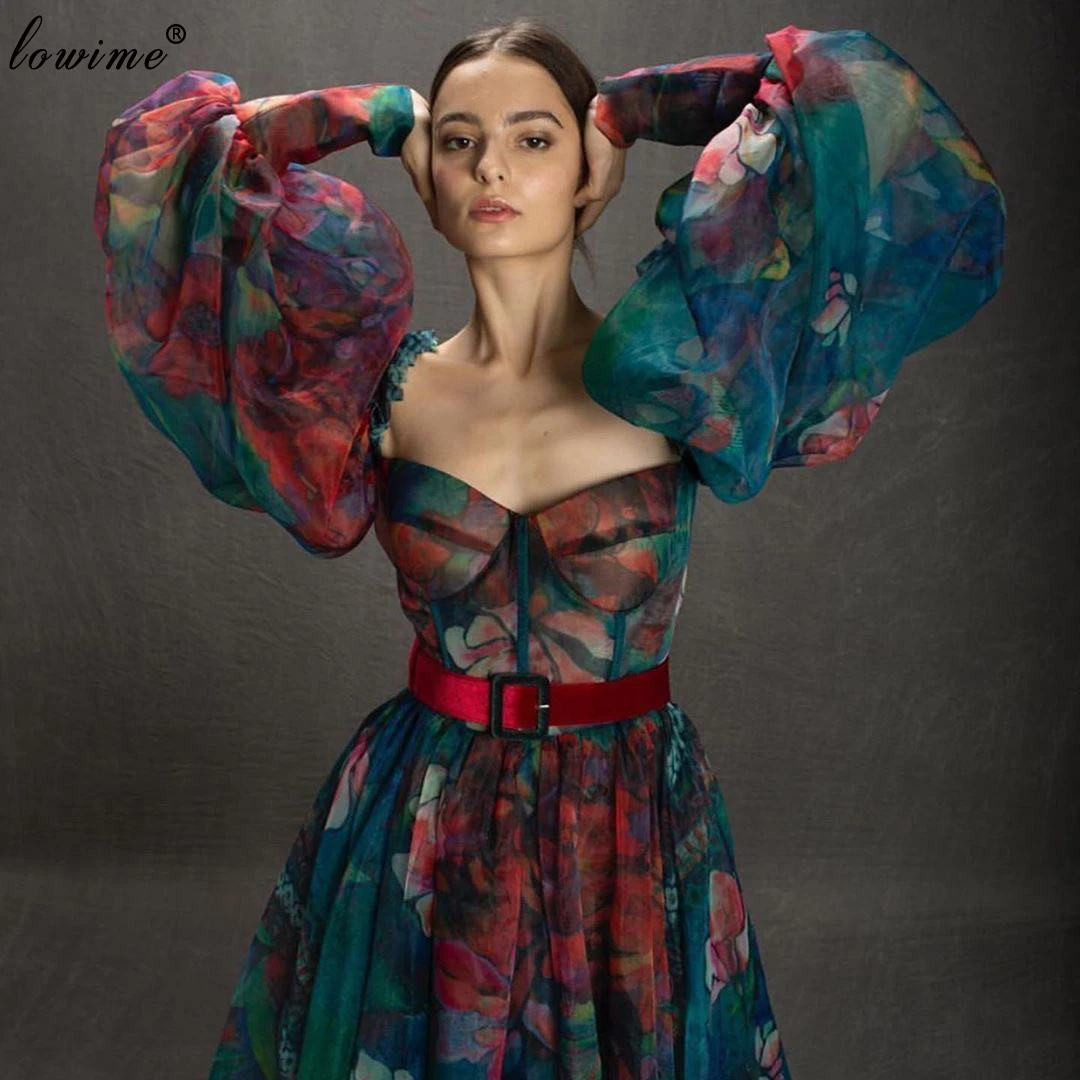 Haute Couture Flowers Evening Dresses 2020 Long Puffy Sleeves Evening Gowns Elegant Celebrity Gowns Woman Photography Robe