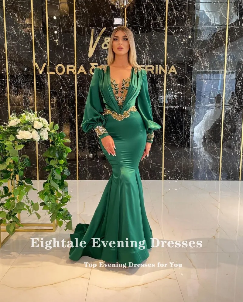 Eightale Eermald Green Evening Dresses Appliques Beaded Gold Rhonestones Customized Mermaid Prom Gown Long Sleeves Party Dress