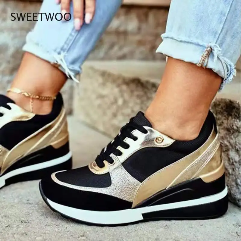 Women Breathable Mesh Sneakers Casual Outdoor Lace Up Mixed Colors Shoes Chunky Wedges