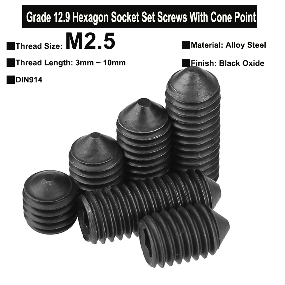 Yiqianyuan M2.5xP0.45 DIN914 Grade 12.9 Alloy Steel Hexagon Socket Set Screws with Cone Point Headless Screws Black Oxide Plated