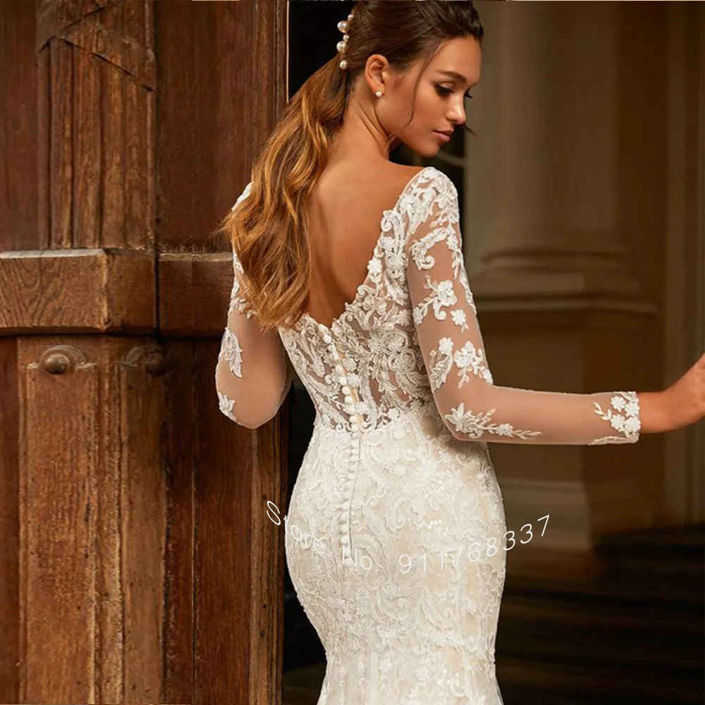 Vestido De Novia Abito Da Sposa a sirena a maniche lunghe scollo a v hochoeskleid Appliques con paillettes Abito Da Sposa Tulle Robe De Mariage