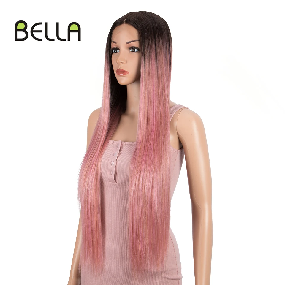 Bella Roze Kleur Synthetische Kant Voorkant Pruik Voor Vrouwen Lang Steil Haar Pruiken Middendeel Kant Full Head Vlecht Cosplay Roze Grijs