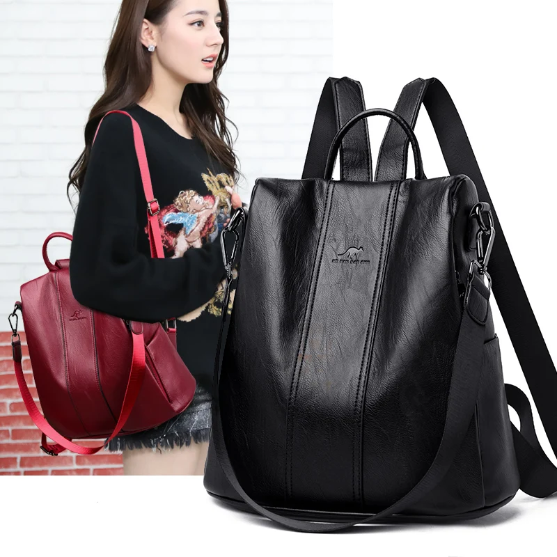 Casual Anti Thief Backpack for Women Shoulder Bag Famous Brand Soft Leather Backpack Female Simple School Bags for Teenage Girls