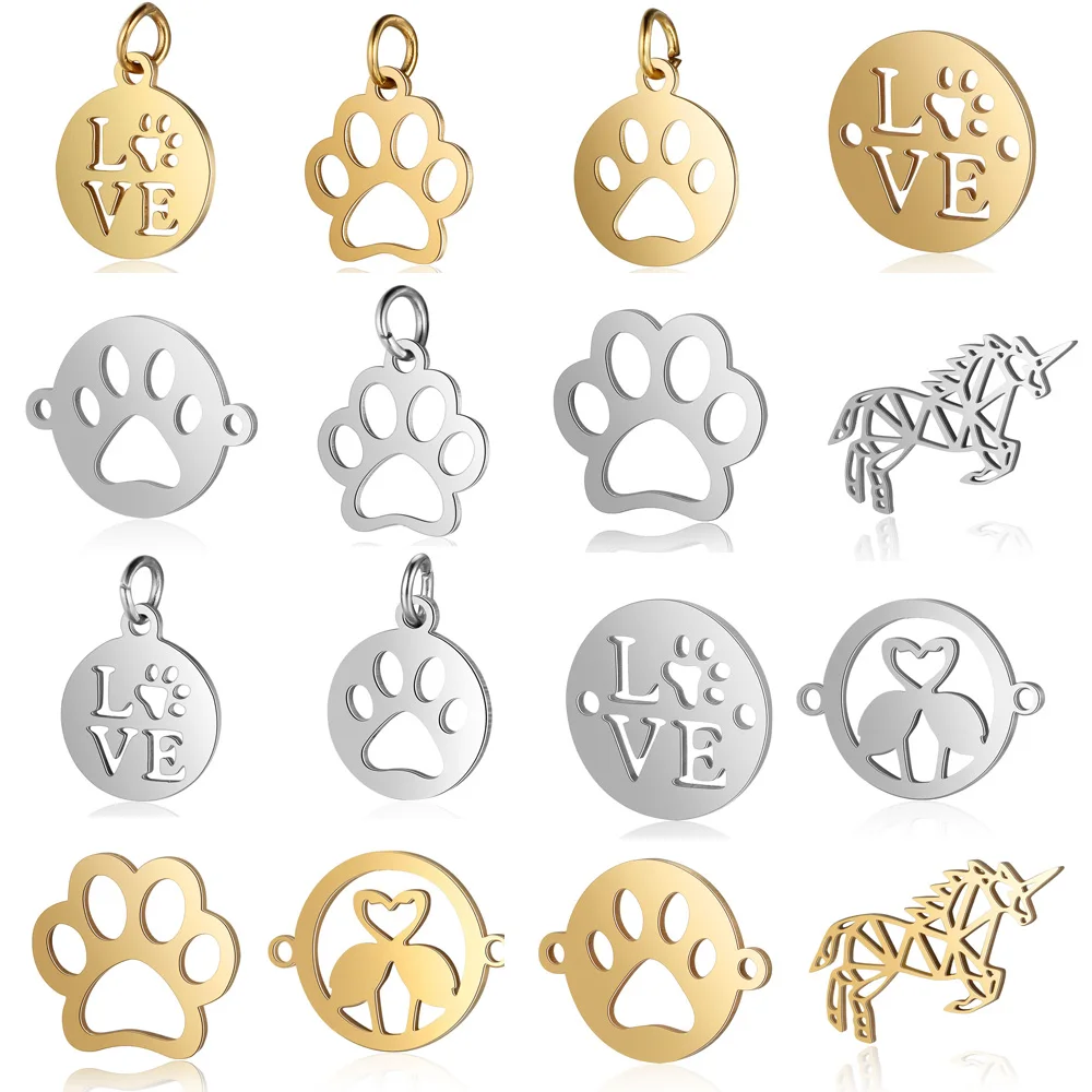 5pcs/lot diy love pet dog paw stainless steel charm pendant wholesale unicorn flamingo jewelry bracelet connector charms