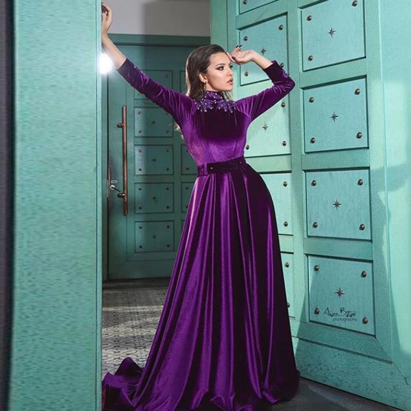 

Eightale Arabic Muslim Evening Dress High Neck Appliques Beaded Purple A-Line Kaftan Mermaid Long Sleeves Velvet Prom Party Gown