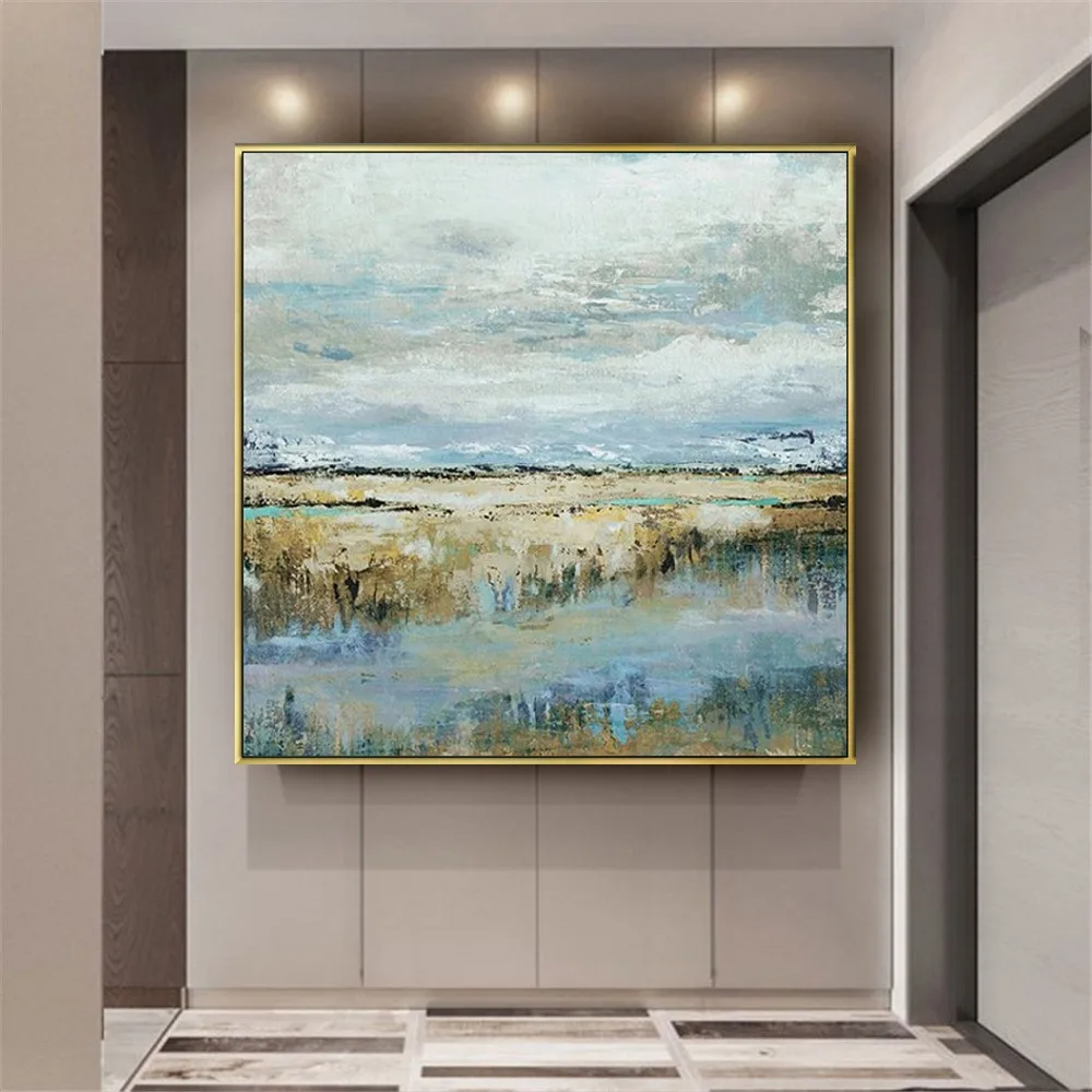 Newest Cyan Gold Modern Landscape Mural Handmade Colorful Abstract Style Thick Oil Painting On Canvas For Home Decor Wall Art