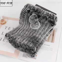 Hot Sale Women Winter Knitted Real Rex Rabbit Fur Scarf Natural Warm Rex Rabbit Fur Hat Scarves Lady 100% Genuine Fur Cap Scarfs
