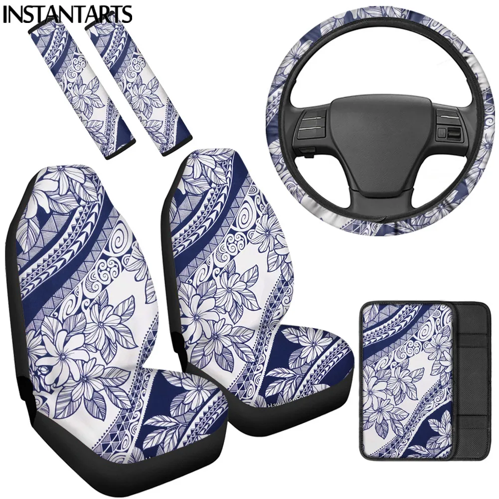 INSTANTARTS Hawaiian Polynesian Flower Design Car Seat Covers Easy Clean Steering Wheel Cover Console Cover Safety Belt Cover