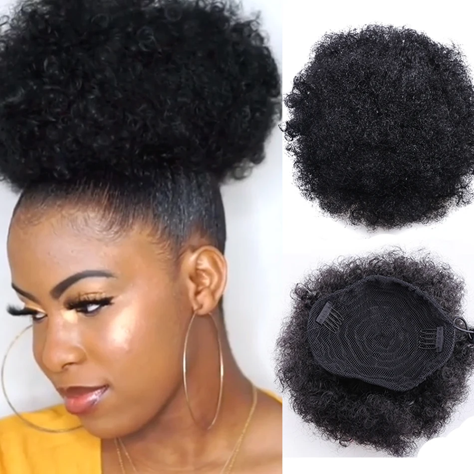 8 inç kısa Afro puf sentetik saç topuz Chignon postiş kadınlar için İpli at kuyruğu Kinky kıvırcık Updo klip saç ekleme