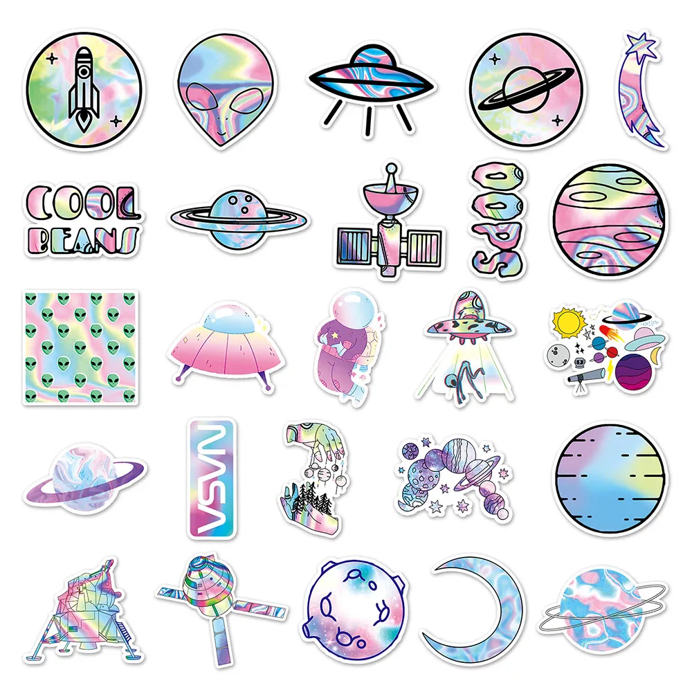 10/30/50Pcs Holografische Laser Alien Outer Space Cartoon Stickers Diy Laptop Bagage Skateboard Telefoon Cool Sticker voor Kinderen Speelgoed