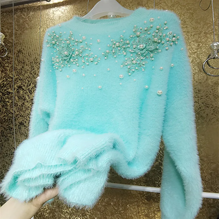 

Heavy industry mint color rhinestone shiny loose sweater women special fashion pearl beading pullover warm autumn winter