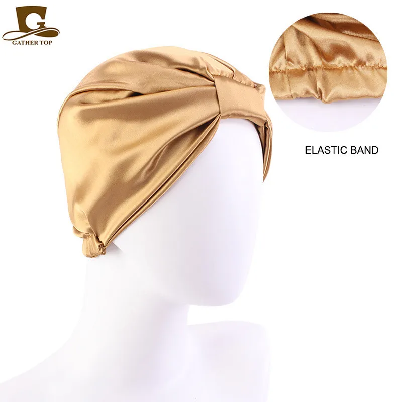 New Satin Silk Sleeping Bonnet Caps For Women Silky Headcover Double Layer Knotted Headband Caps Chemo Cancer Nursing Headwrap