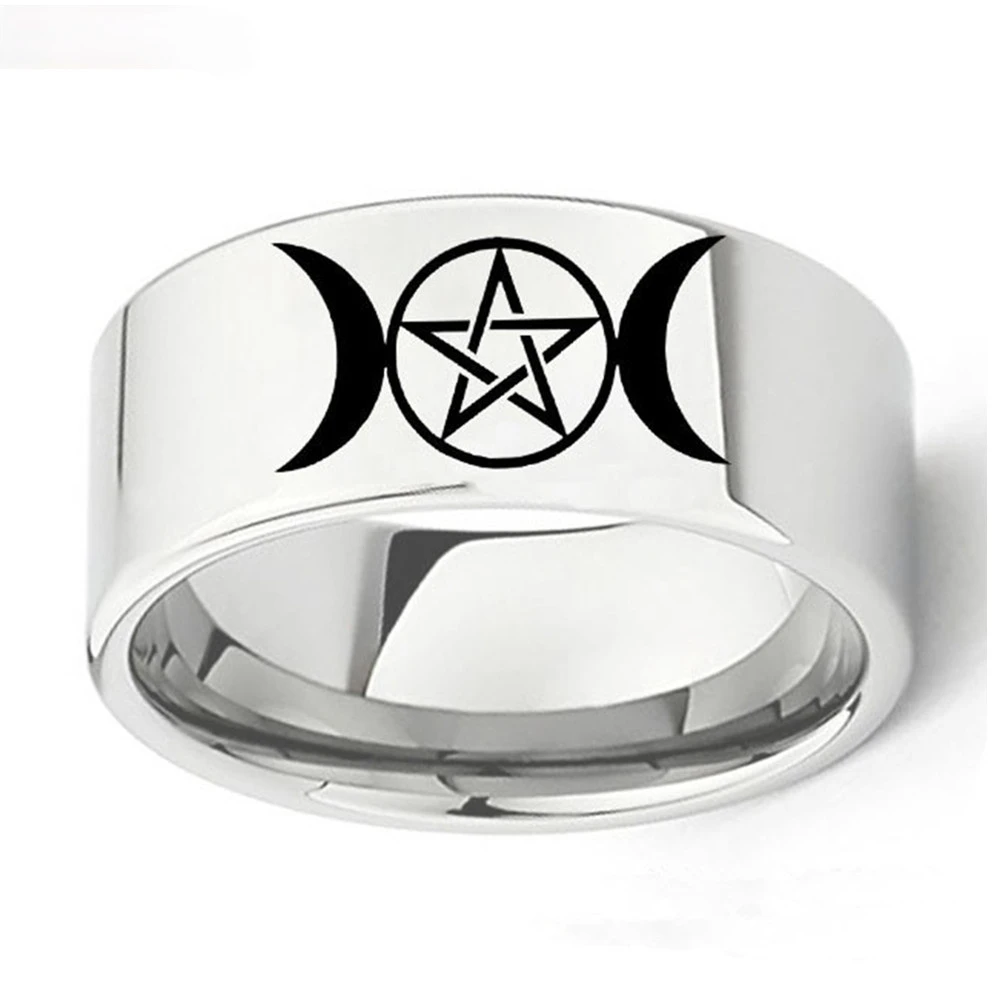 Pentagram Triple Moon Goddess Wicca Witchcraft Witch Moon Ring Titanium Engagement Wedding Rings Size 6 7 8 9 10 11 12 13