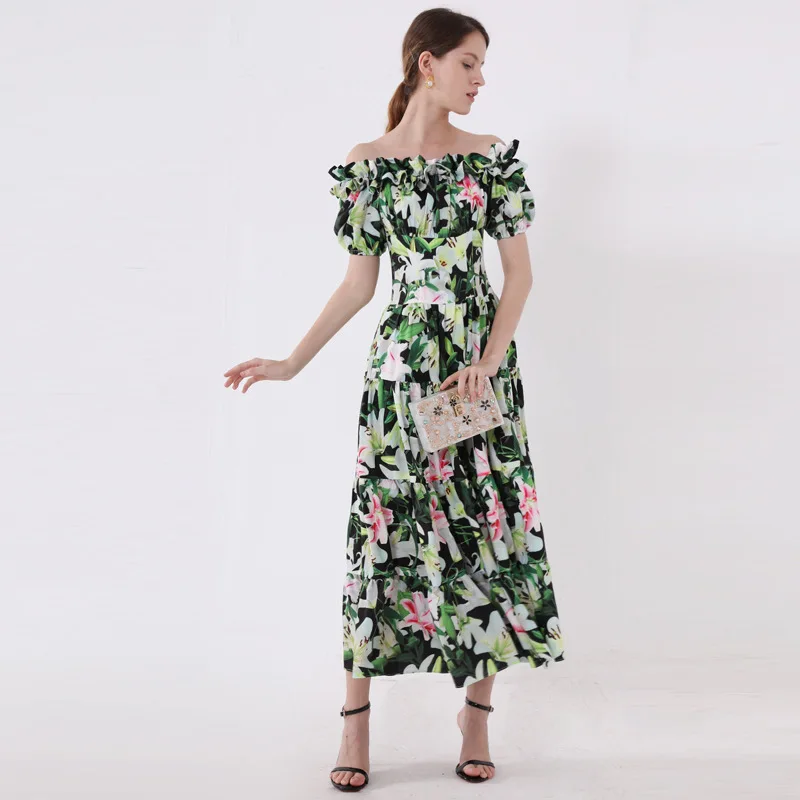 

green chiffon pink lily floral layers fulled dress women robe 20 summer long casual beach sexy dresses plus size slim fit