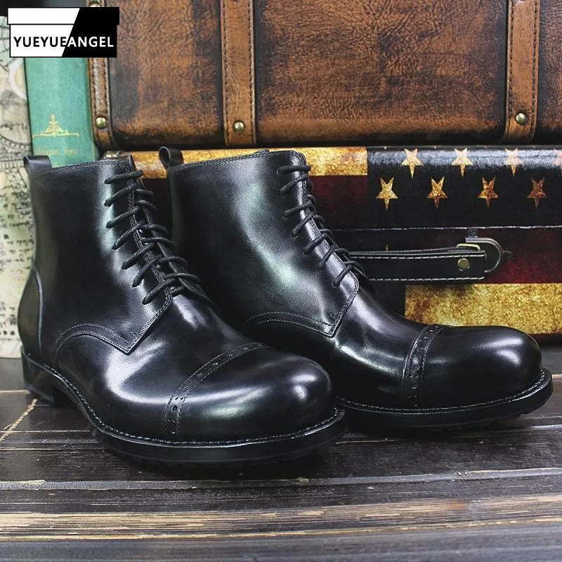 Vintage Men Genuine Leather Boots Autumn Winter Work Ankle Boots Shoes New Designer Man Lace Up Sewing Casual Shoes Botas Hombre